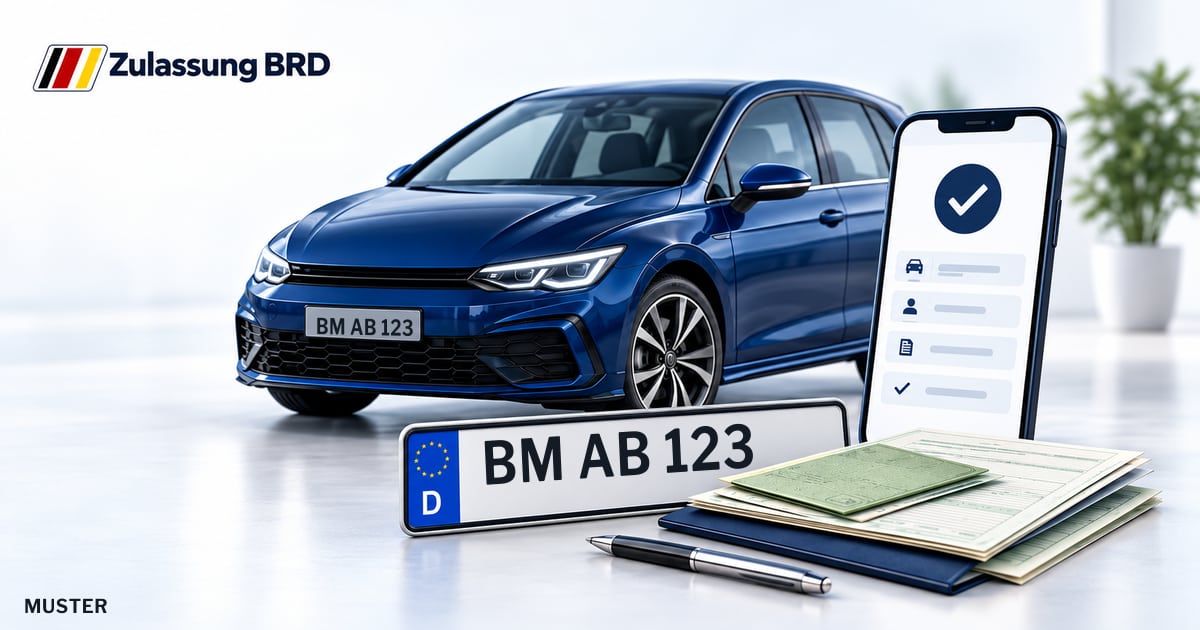 Online Fahrzeugzulassung in Rhein-Erft-Kreis: Musterkennzeichen BM AB 123, Auto und Fahrzeugpapiere und Smartphone. Illustration mit Logo von Zulassung BRD.